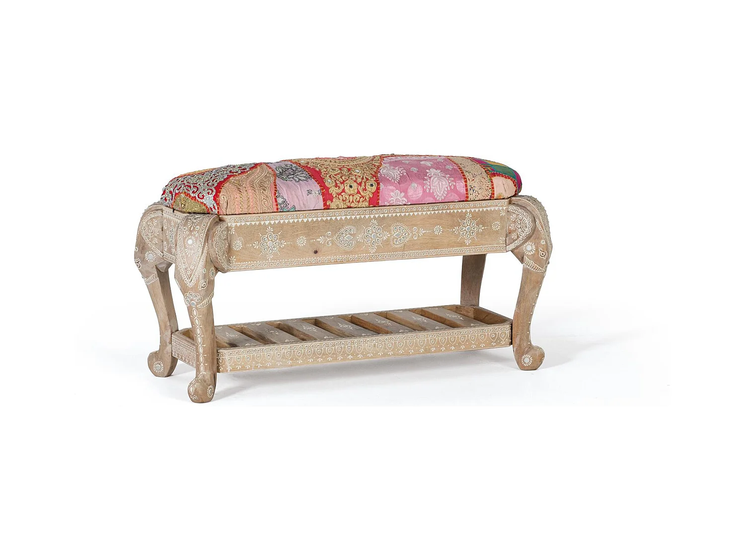 Ławka z drewna mango i wielokolorowa tkanina patchworkowa