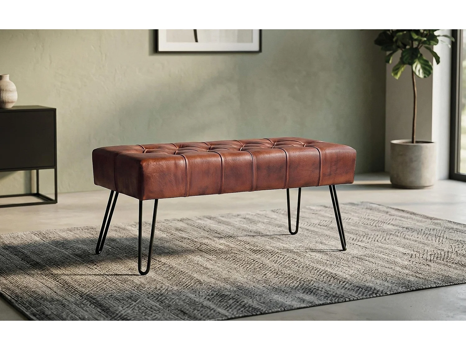 Banc en cuir de chèvre 96 cm, style industriel moderne - 45 x 96 x 40