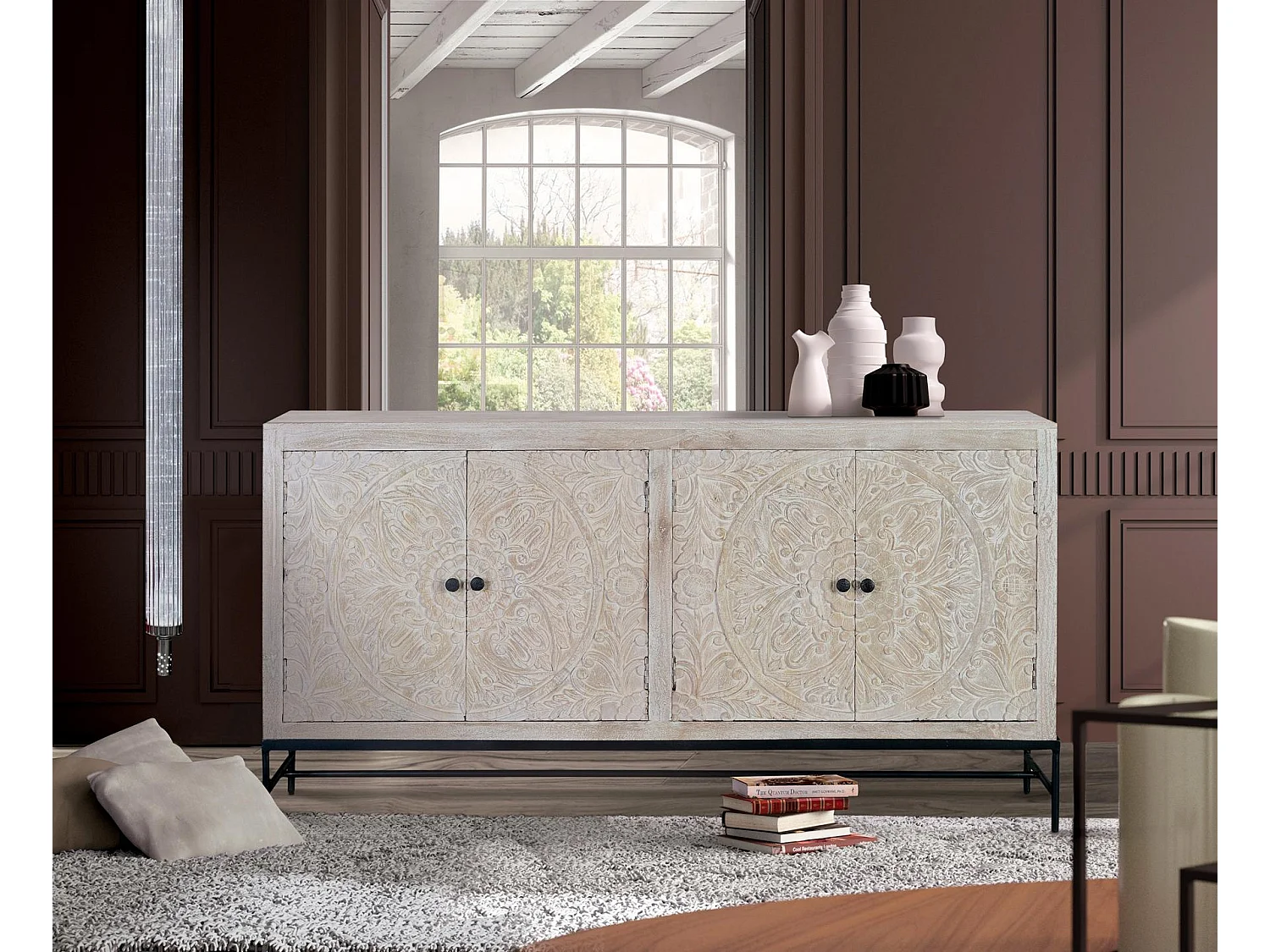 Buffet moderne de style méditerranéen en bois de manguier - 90 x 170 x 39