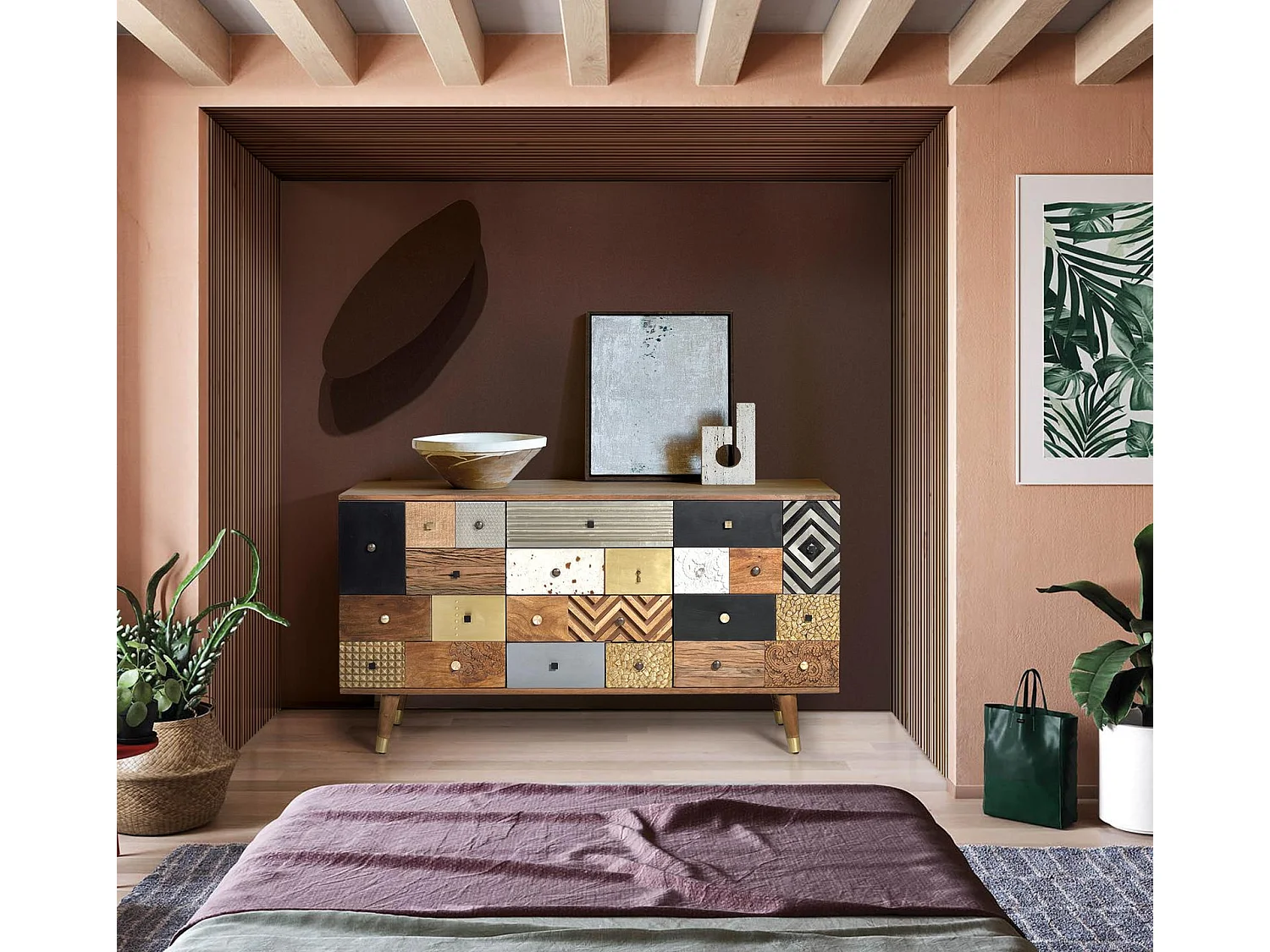 Buffet en bois de manguier, style bohème rétro - 80 x 150 x 40 cm