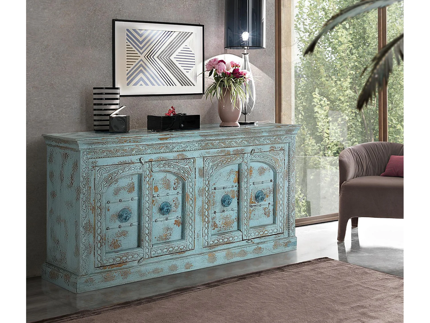 Buffet en bois de manguier, style ethnique artisanal - 100 x 190 x 45