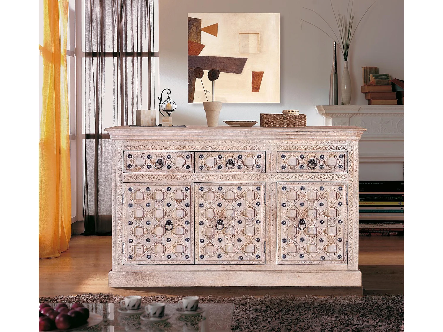 Buffet en bois de manguier de style méditerranéen moderne - 92 x 150 x 40