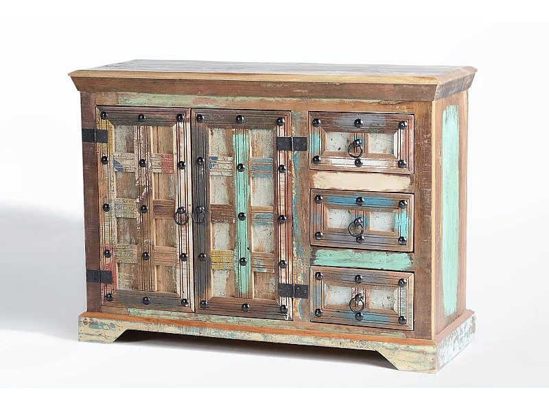 Buffet en bois recyclé et détails métalliques multicolores
