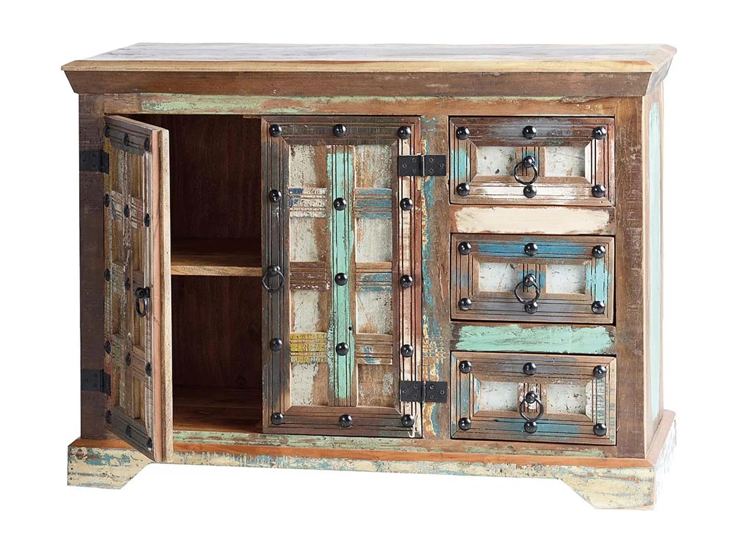 Buffet en bois recyclé et détails métalliques multicolores