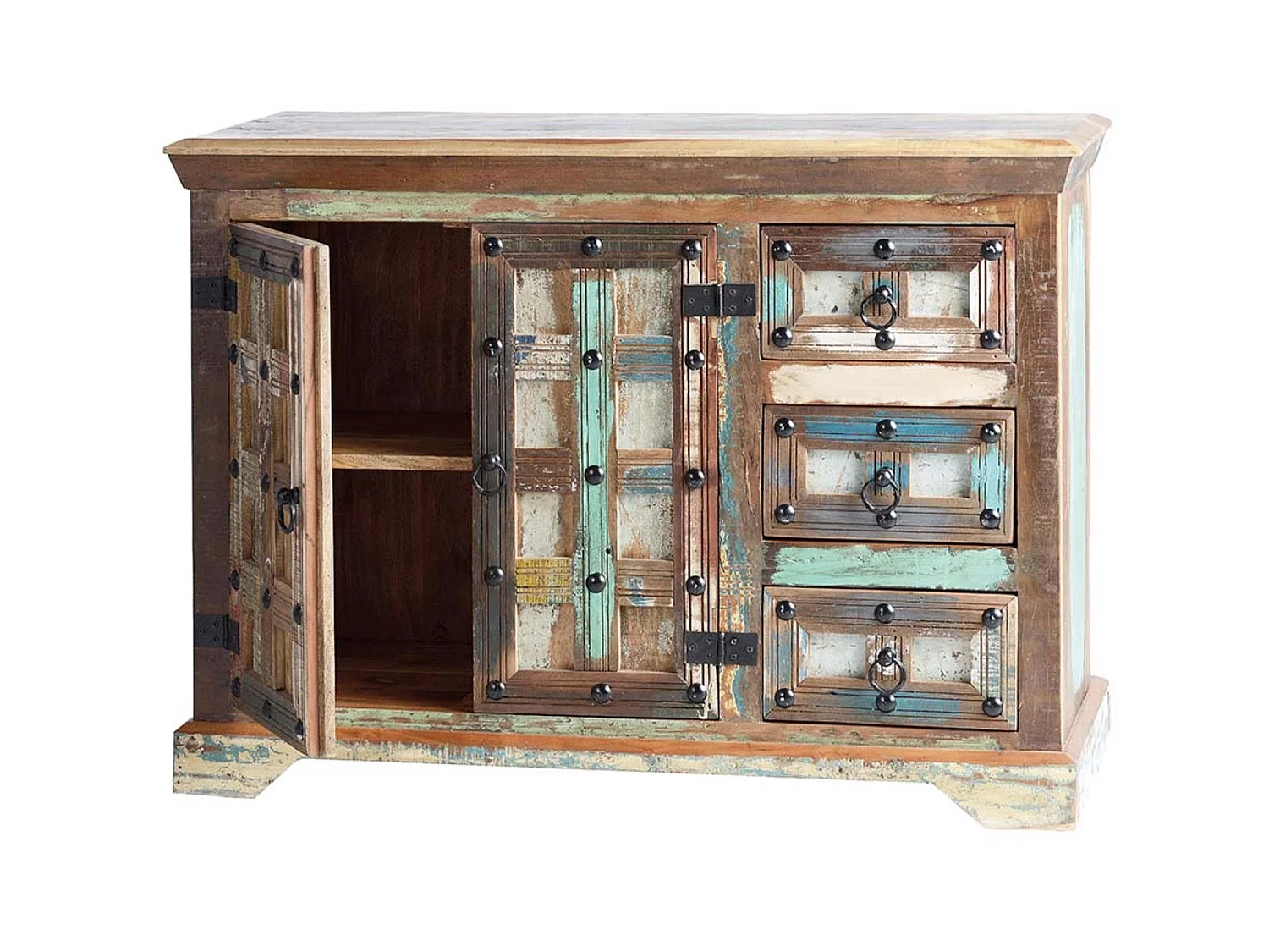 Buffet en bois recyclé et détails métalliques multicolores