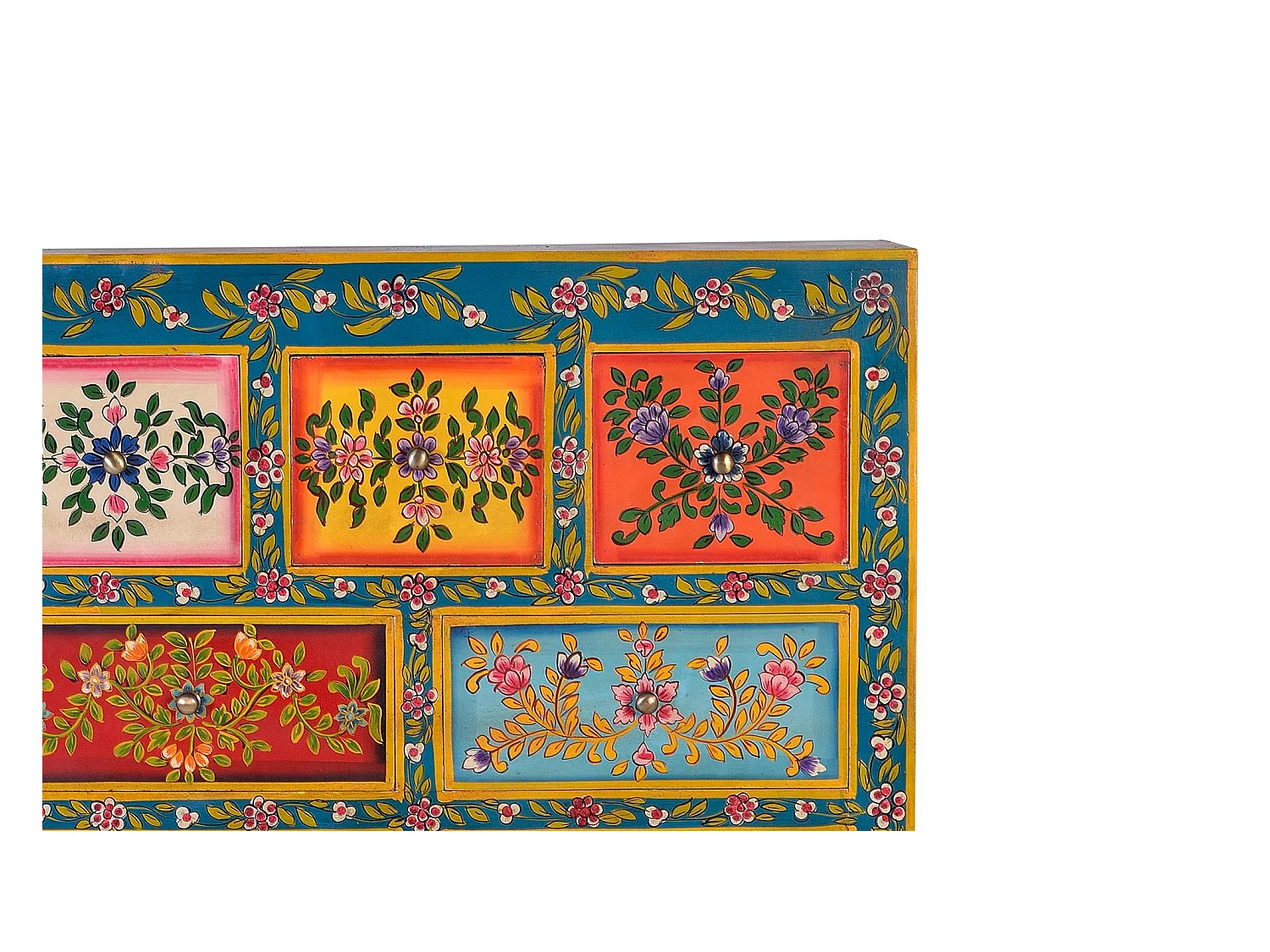 Commode en bois de manguier avec détails multicolores peints à la main