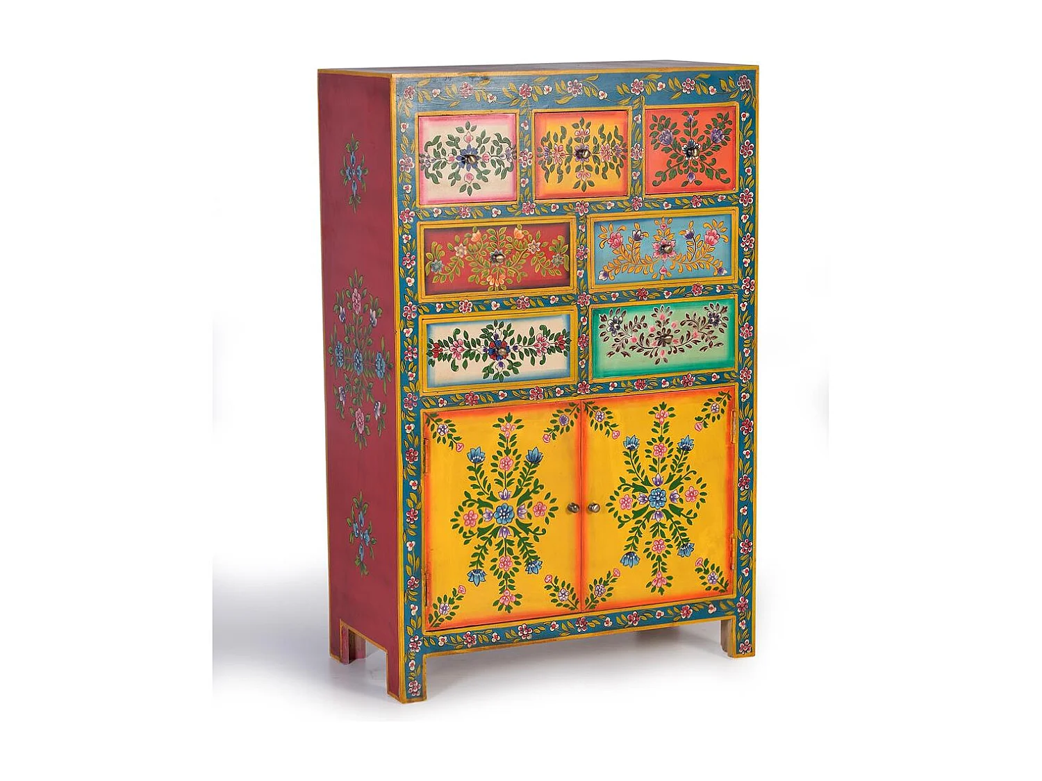 Commode en bois de manguier avec détails multicolores peints à la main