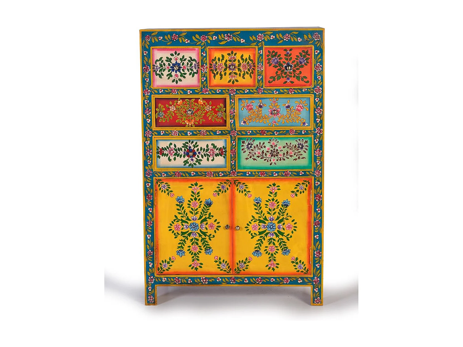 Commode en bois de manguier avec détails multicolores peints à la main