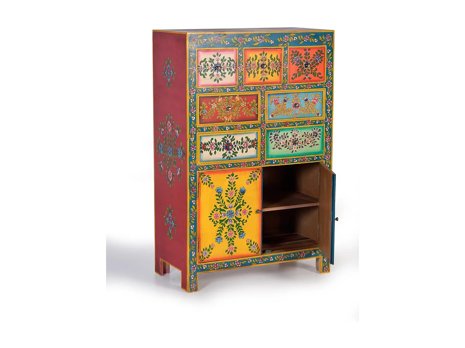 Commode en bois de manguier avec détails multicolores peints à la main