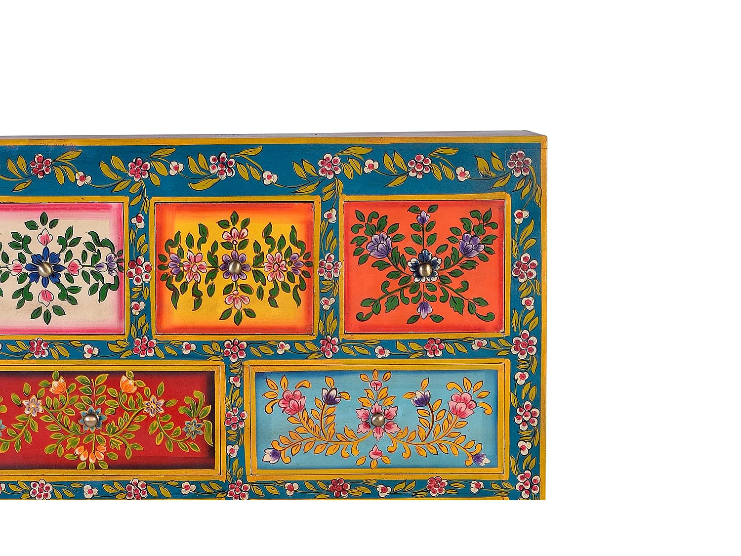 Commode en bois de manguier avec détails multicolores peints à la main