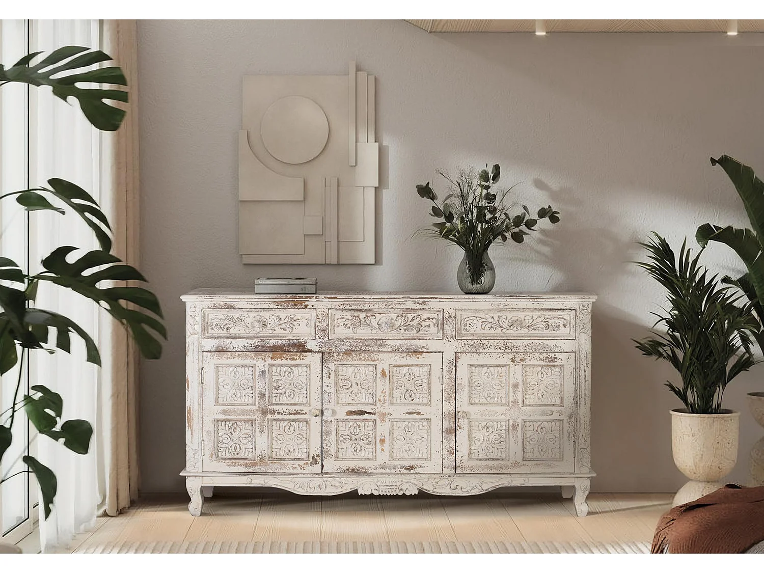 Buffet en bois de manguier de style méditerranéen moderne - 95 x 175 x 44