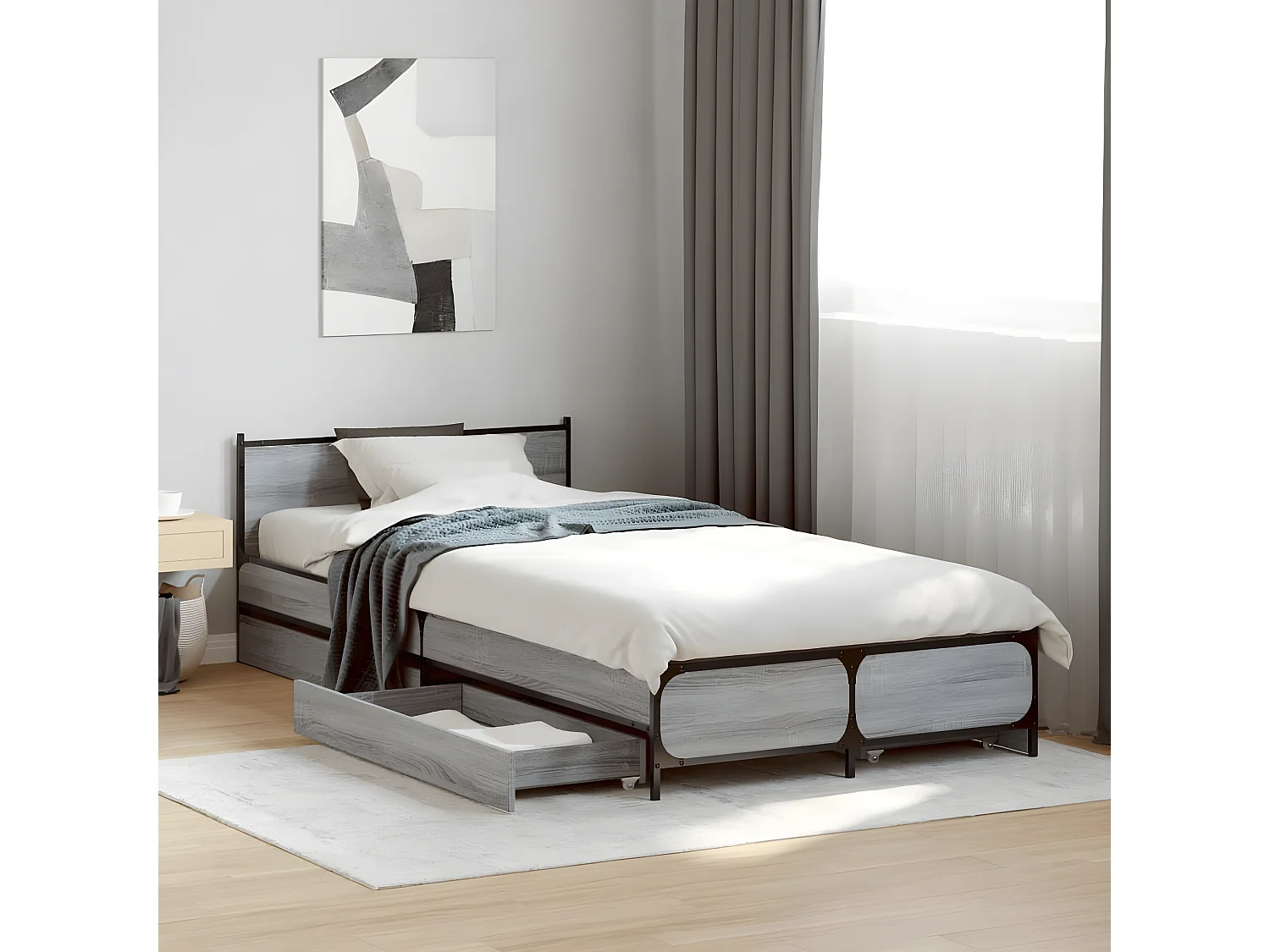 Estrutura de cama c/ gavetas derivados madeira cinza sonoma