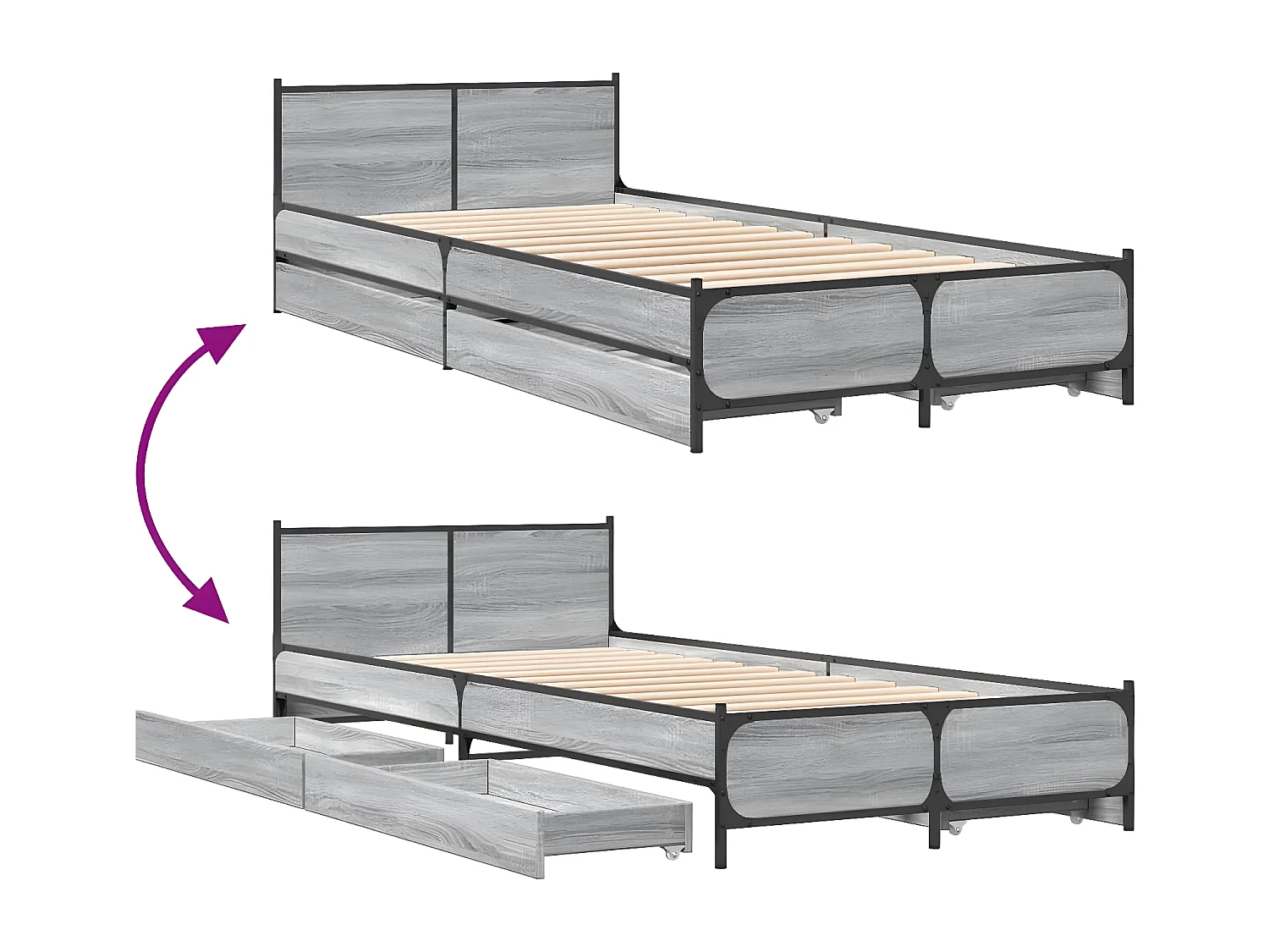 Estrutura de cama c/ gavetas derivados madeira cinza sonoma