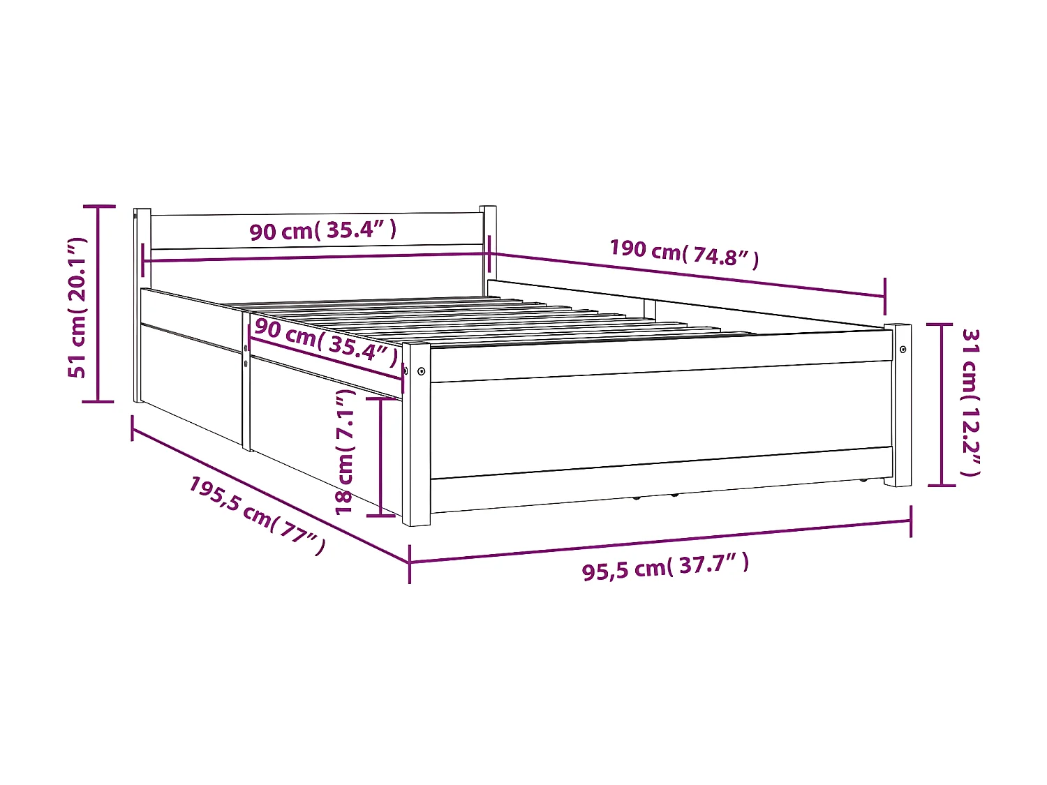 Estructura de cama con cajones 90x190 cm