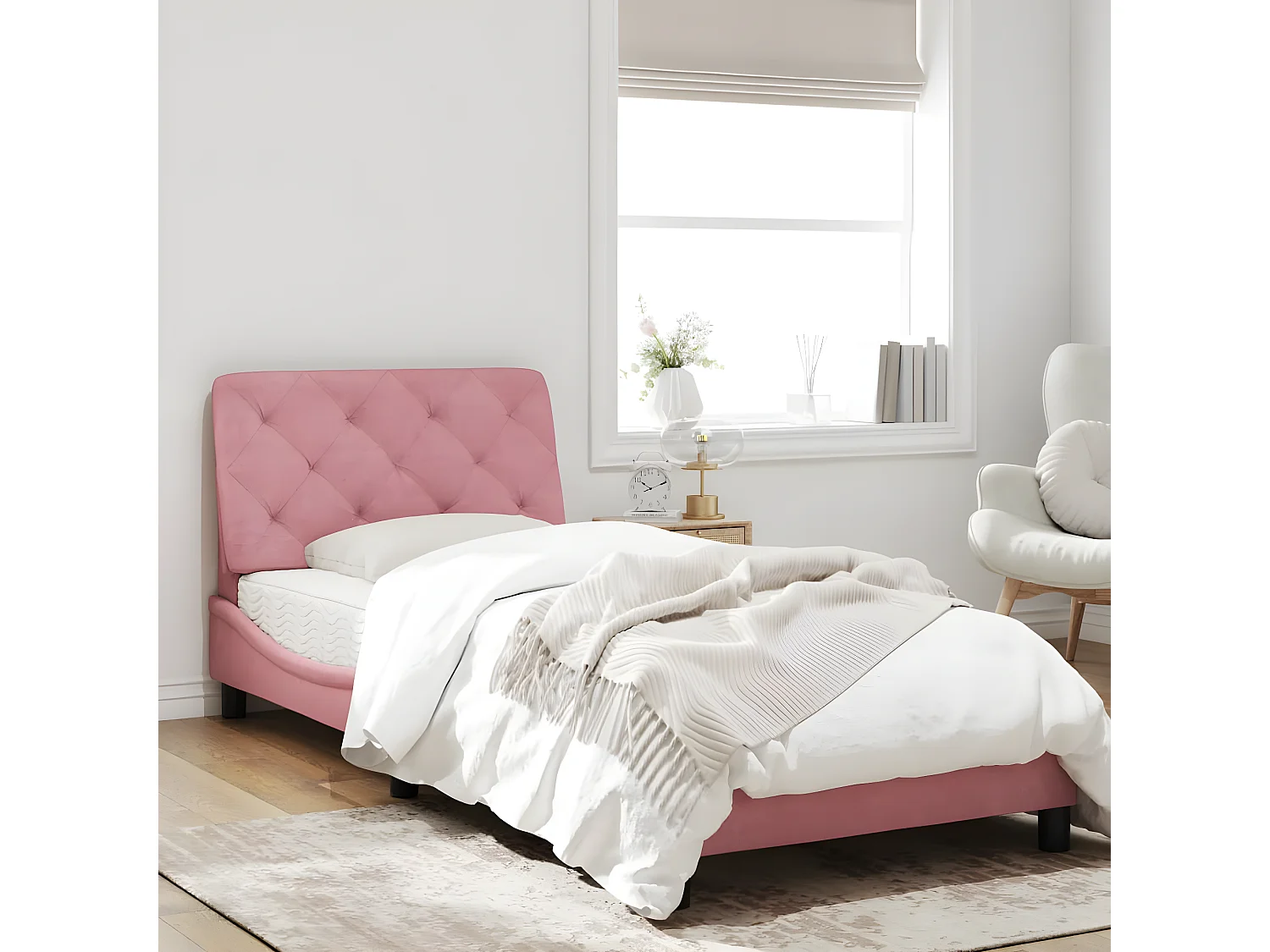 Estrutura de cama c/ cabeceira 90x190 cm veludo rosa