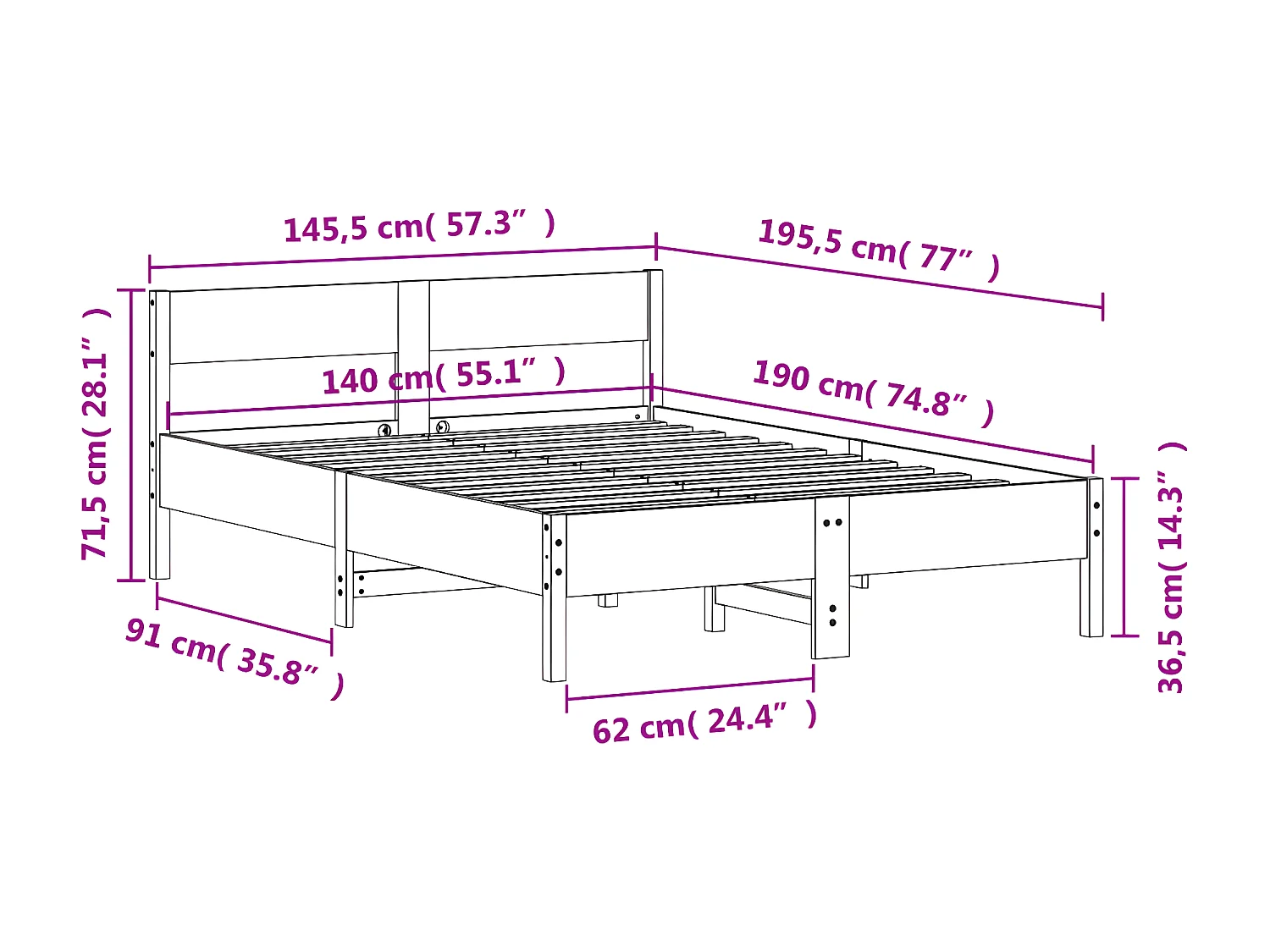 Estructura cama con cabecero madera pino marrón cera 140x190 cm