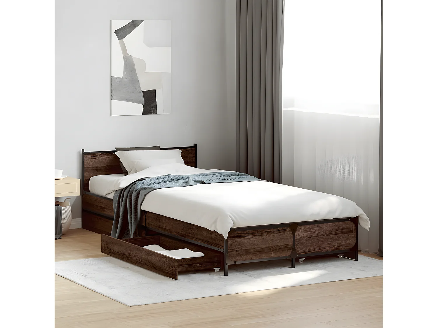 Cama con cajones madera de ingeniería marrón roble 100x200 cm