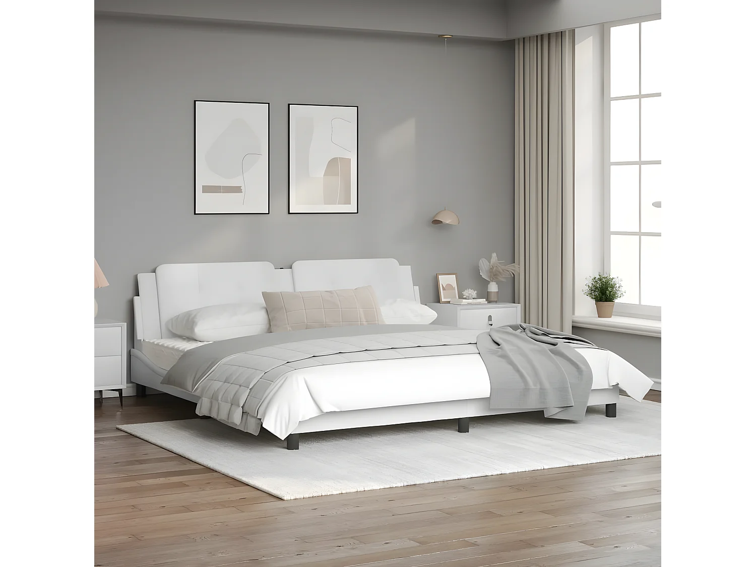 Estructura cama con luces LED cuero sintético blanco 200x200 cm