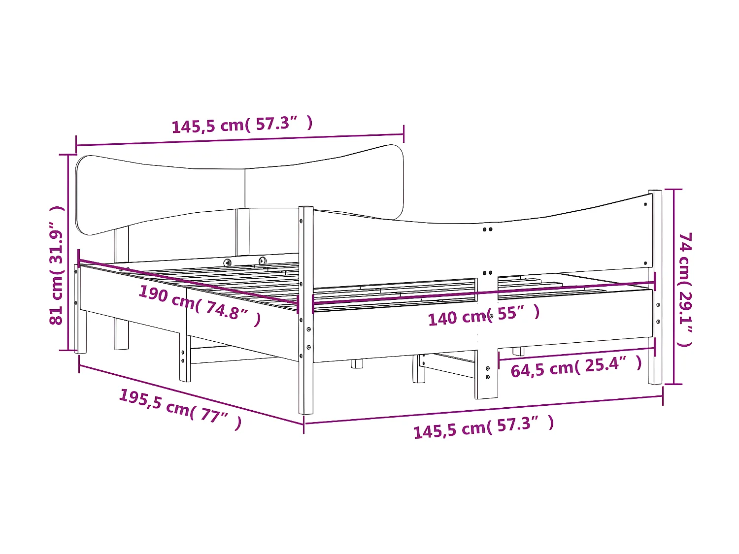 Estrutura cama c/ cabeceira 140x190 cm pinho maciço branco