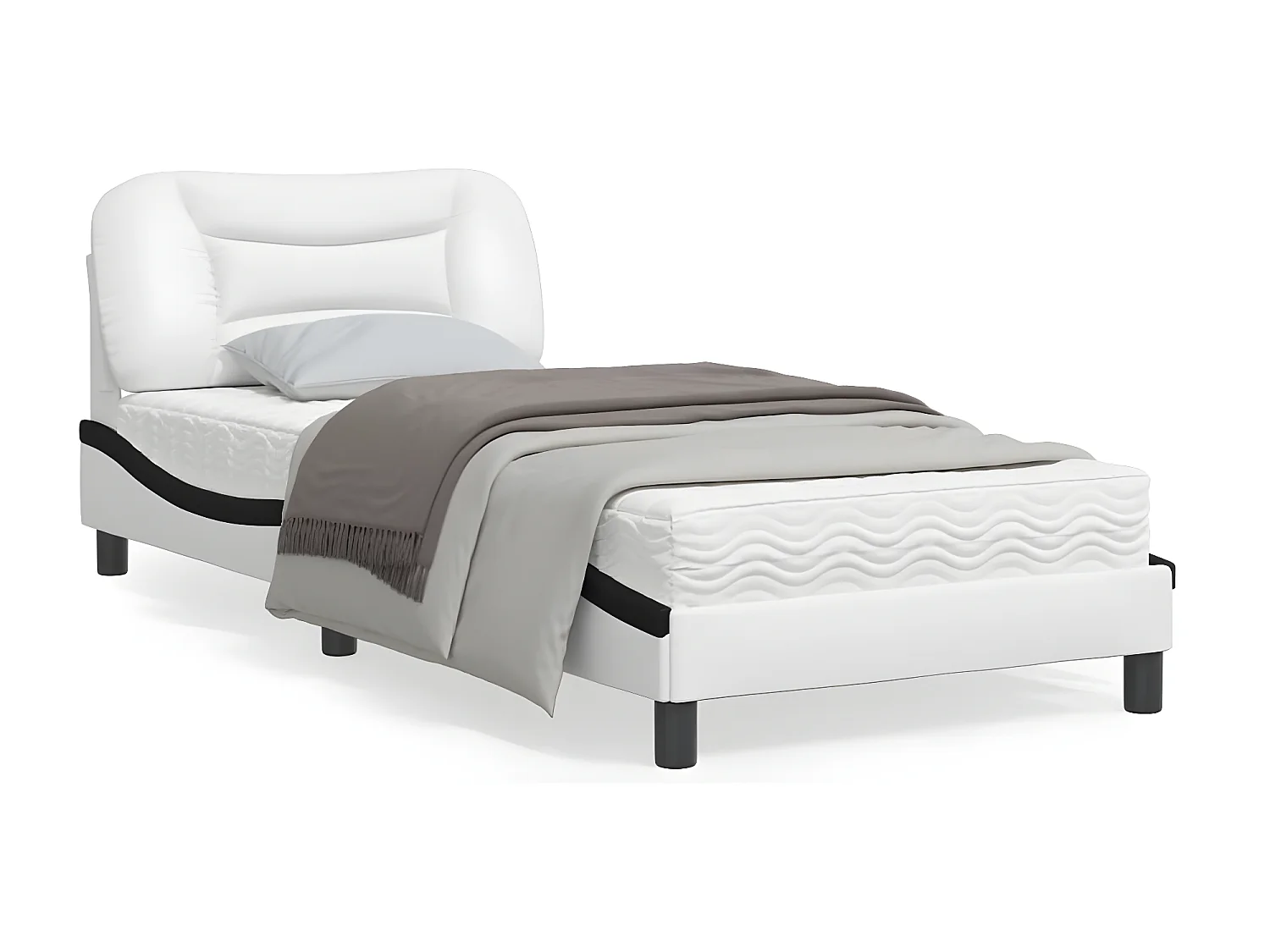 Estrutura cama c/ luzes LED 90x200cm couro artif. branco/preto