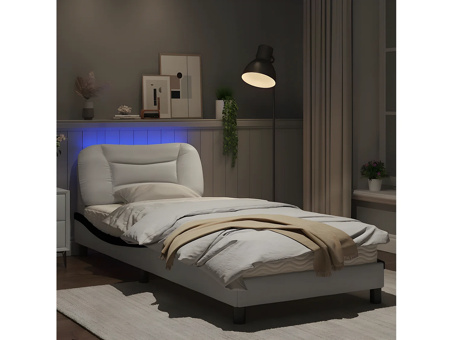 Estrutura cama c/ luzes LED 90x200cm couro artif. branco/preto