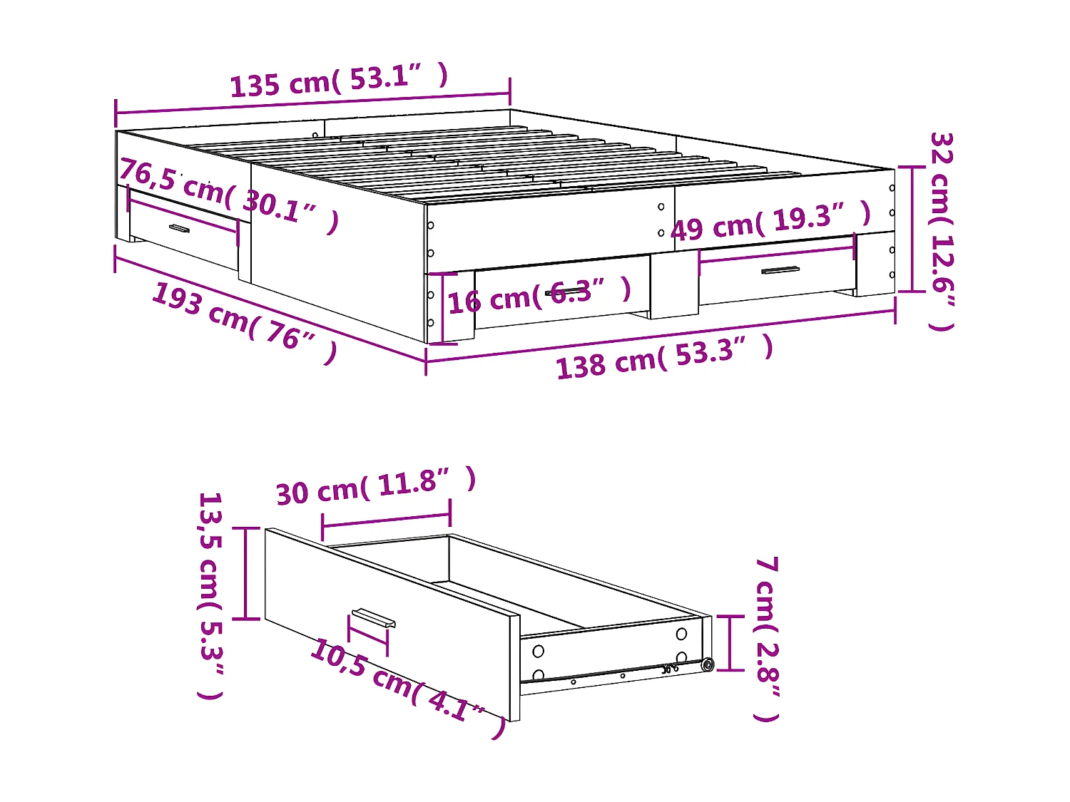 Cama con cajones madera de ingeniería blanco 135x190 cm