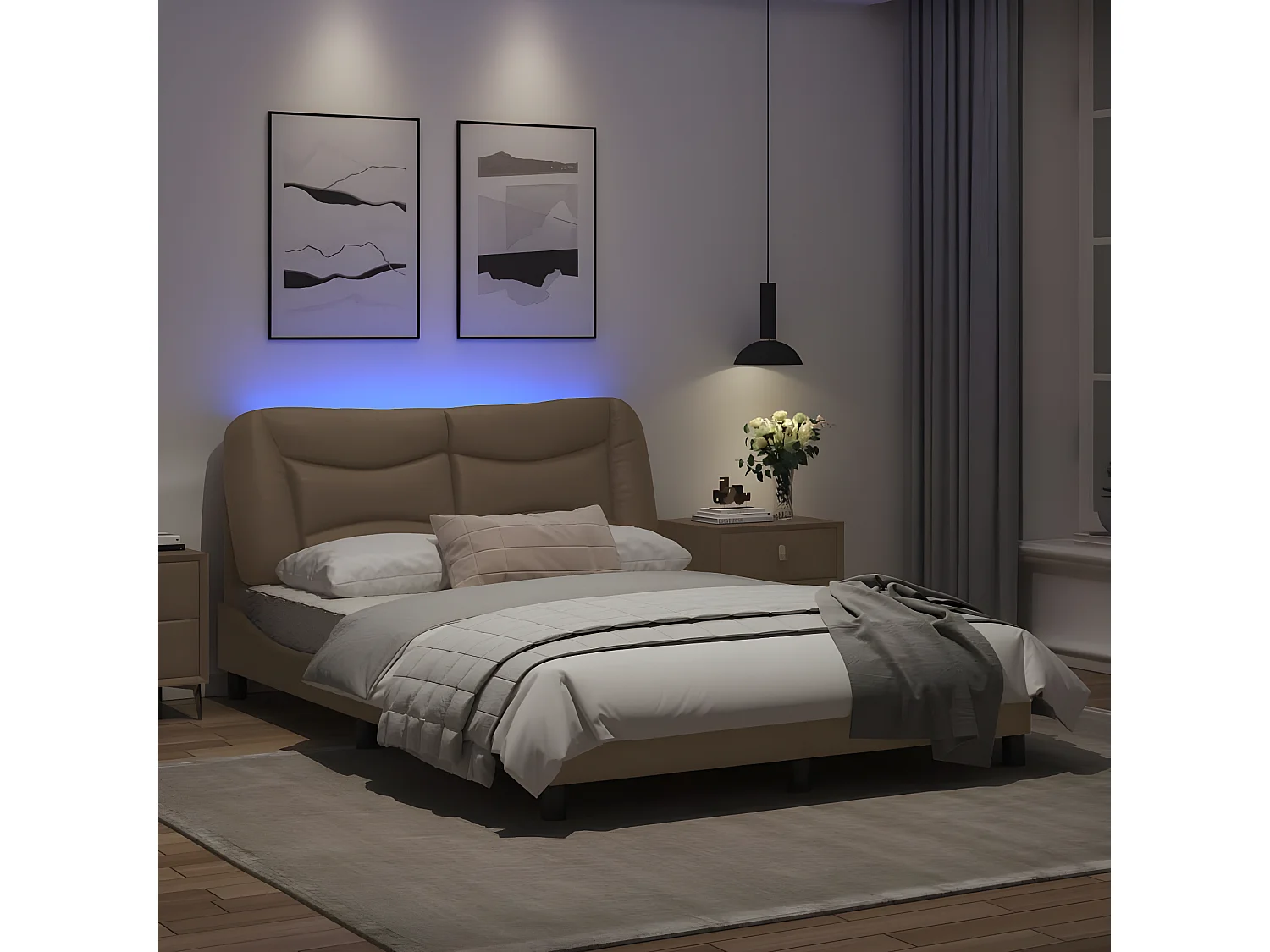 Estrutura cama c/ luzes LED 120x200 couro artificial cappuccino