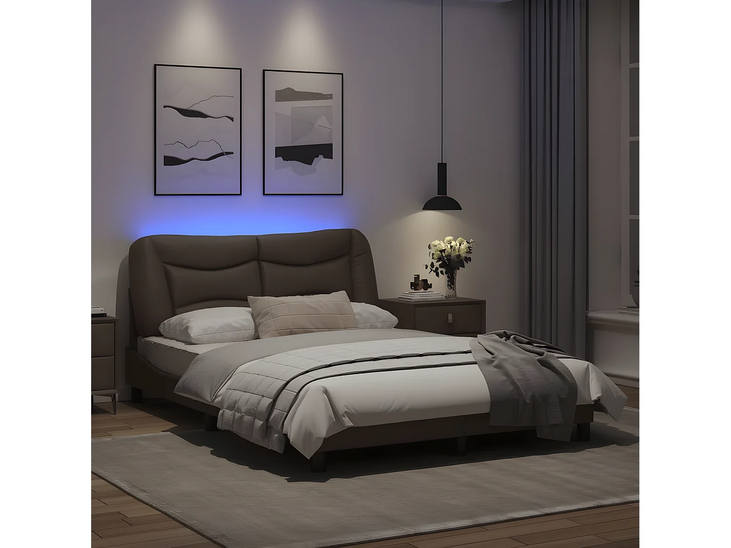 Estrutura de cama c/ luzes LED 140x200cm couro artificial cinza