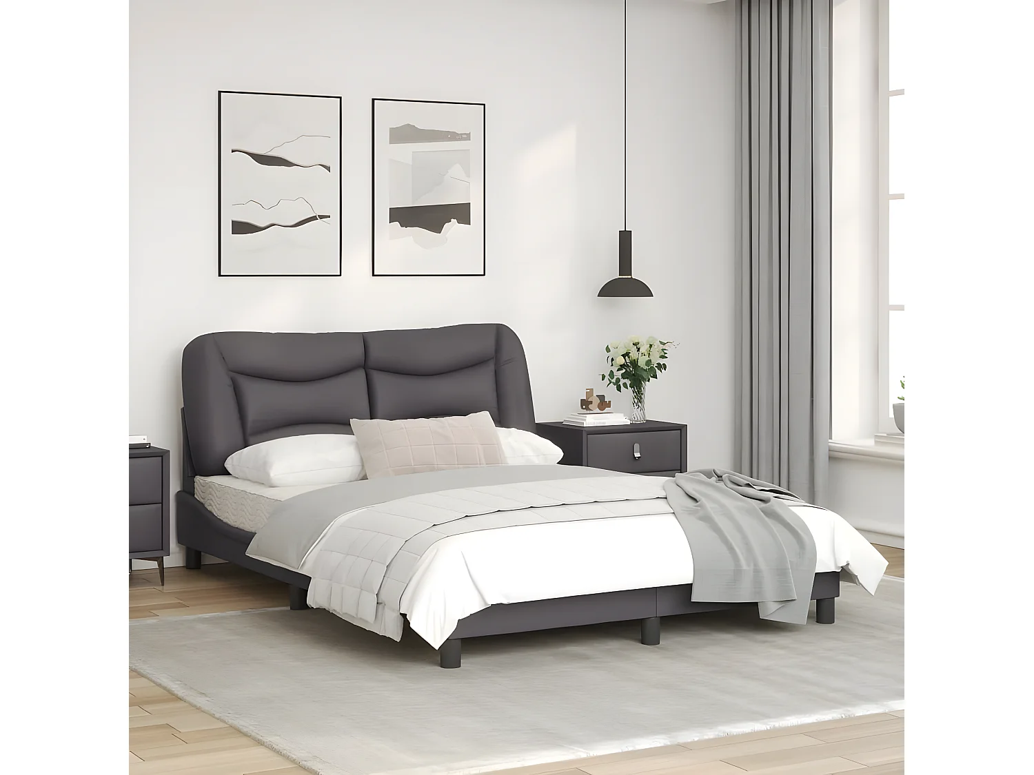 Estrutura de cama c/ luzes LED 140x200cm couro artificial cinza