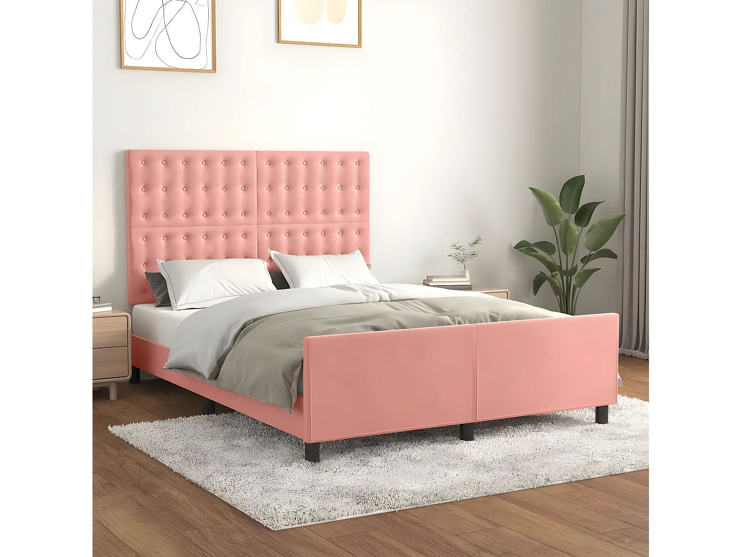 Estructura de cama con cabecero de terciopelo rosa 140x190 cm