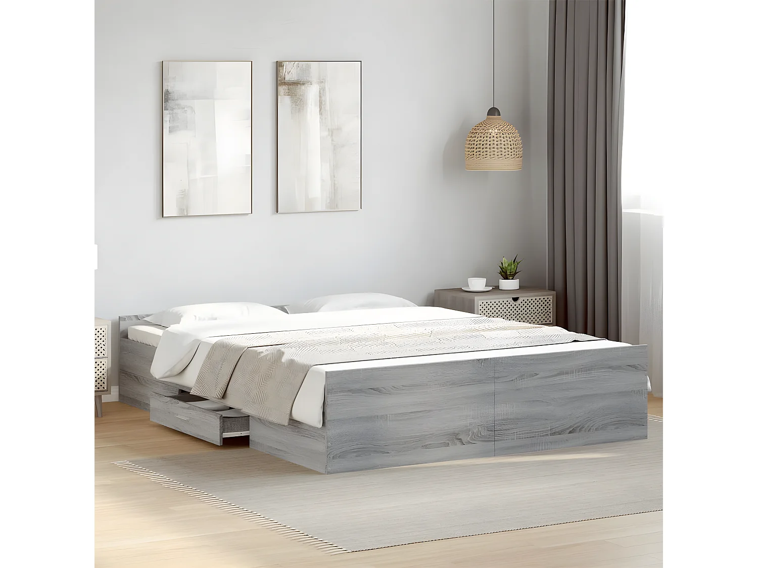 Cama con cajones madera ingeniería gris Sonoma 140x200 cm