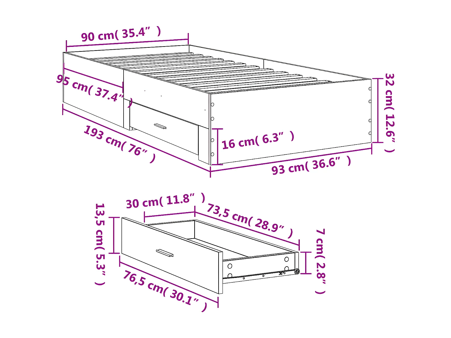 Cama con cajones madera ingeniería gris hormigón 90x190 cm