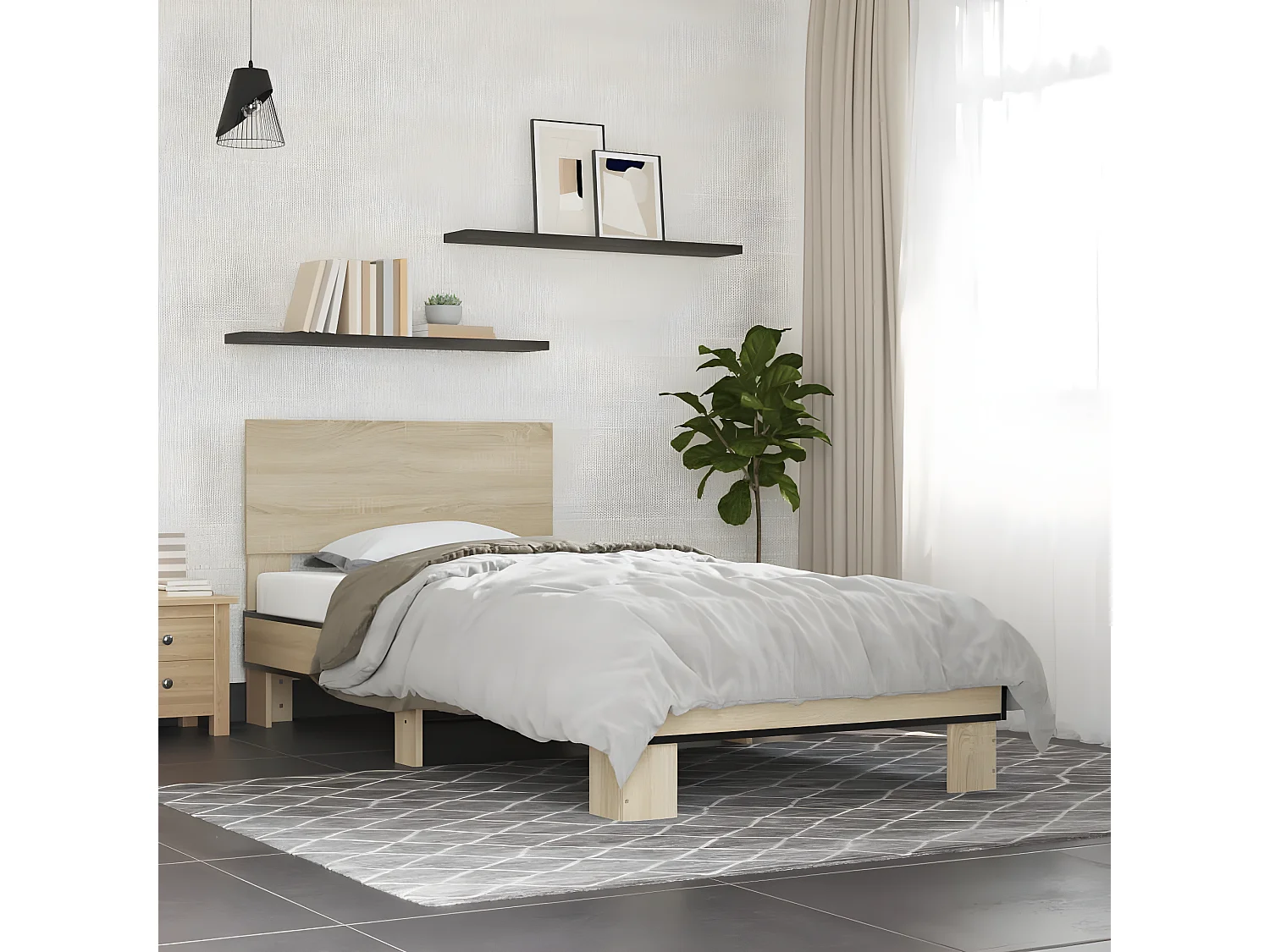 Estructura cama madera ingeniería metal roble Sonoma 75x190 cm