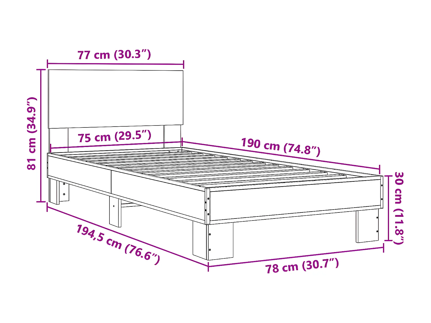 Estructura cama madera ingeniería metal roble Sonoma 75x190 cm