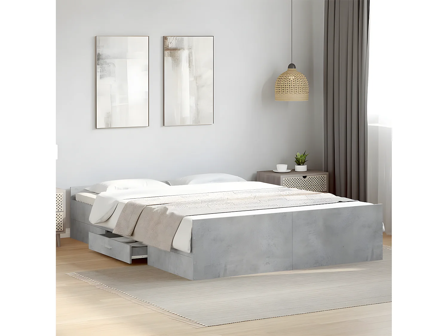 Cadre de lit et tiroirs gris béton 140x200 cm bois d'ingénierie