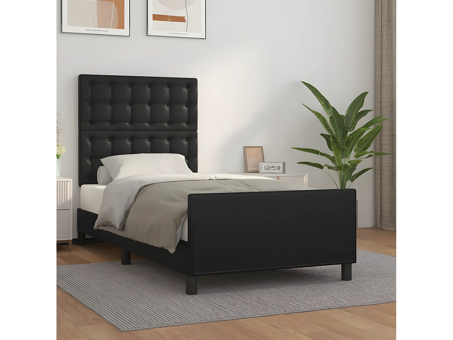 Estrutura de cama c/ cabeceira couro artificial 80x200 cm preto