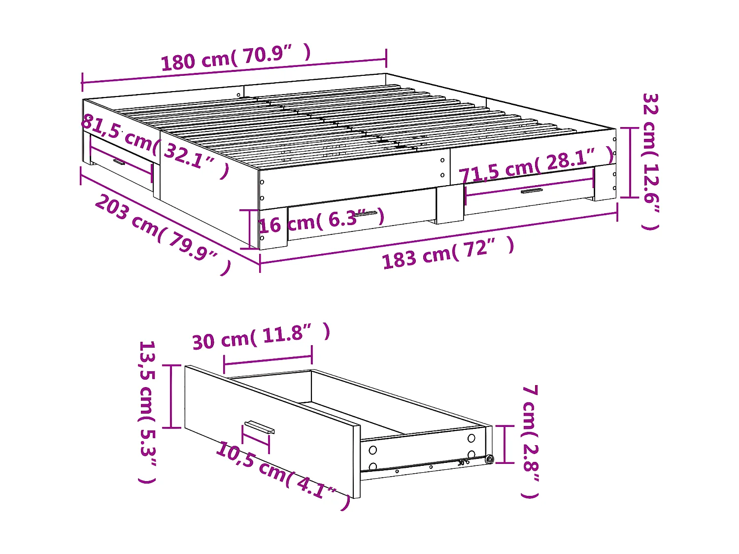 Estructura cama con cajones madera ingeniería negra 180x200 cm