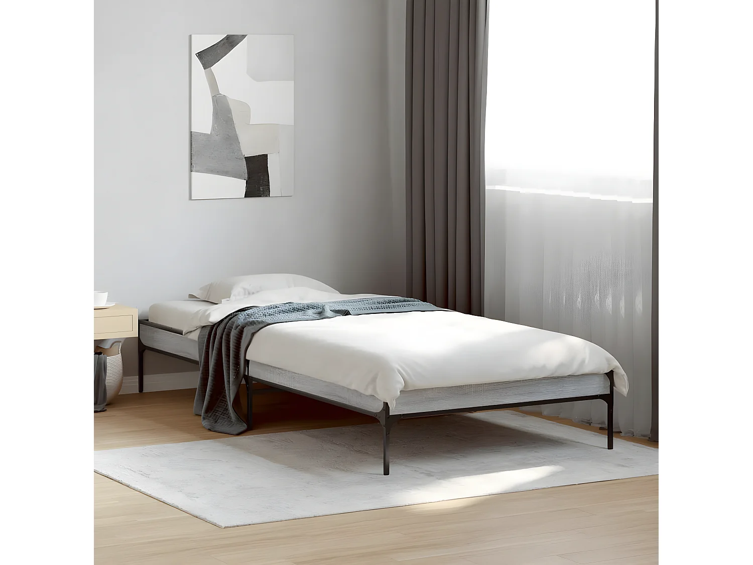 Estructura cama madera ingeniería metal gris Sonoma 100x200 cm
