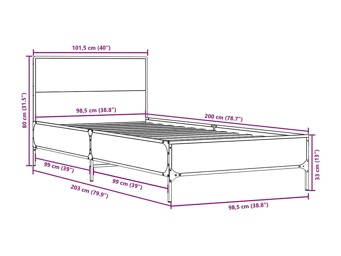 Estructura cama madera ingeniería metal roble humo 100x200 cm