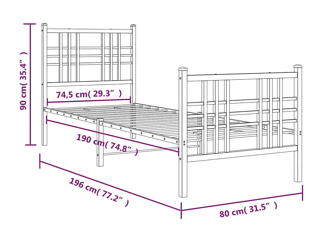 Estrutura de cama com cabeceira e pés 75x190 cm metal branco