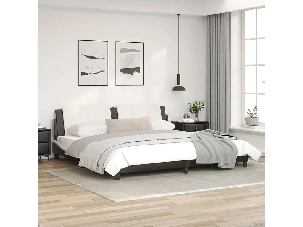 Estrutura de cama c/ cabeceira couro artificial preto e branco