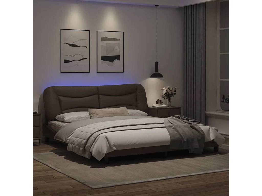 Estrutura cama c/ luzes LED 180x200cm couro artificial castanho