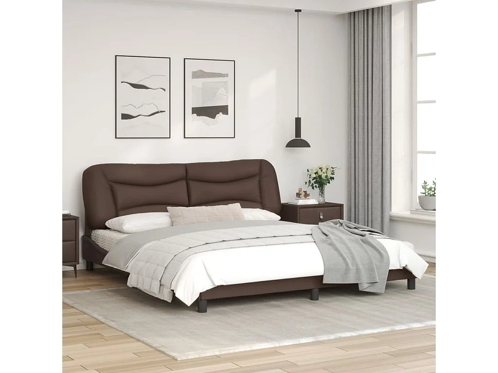 Estrutura cama c/ luzes LED 180x200cm couro artificial castanho