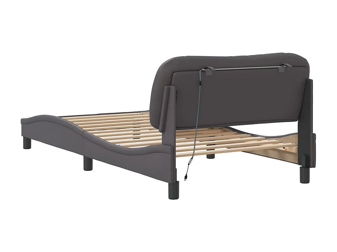 Estrutura de cama c/ luzes LED 100x200cm couro artificial cinza