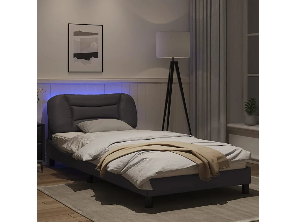Estrutura de cama c/ luzes LED 100x200cm couro artificial cinza