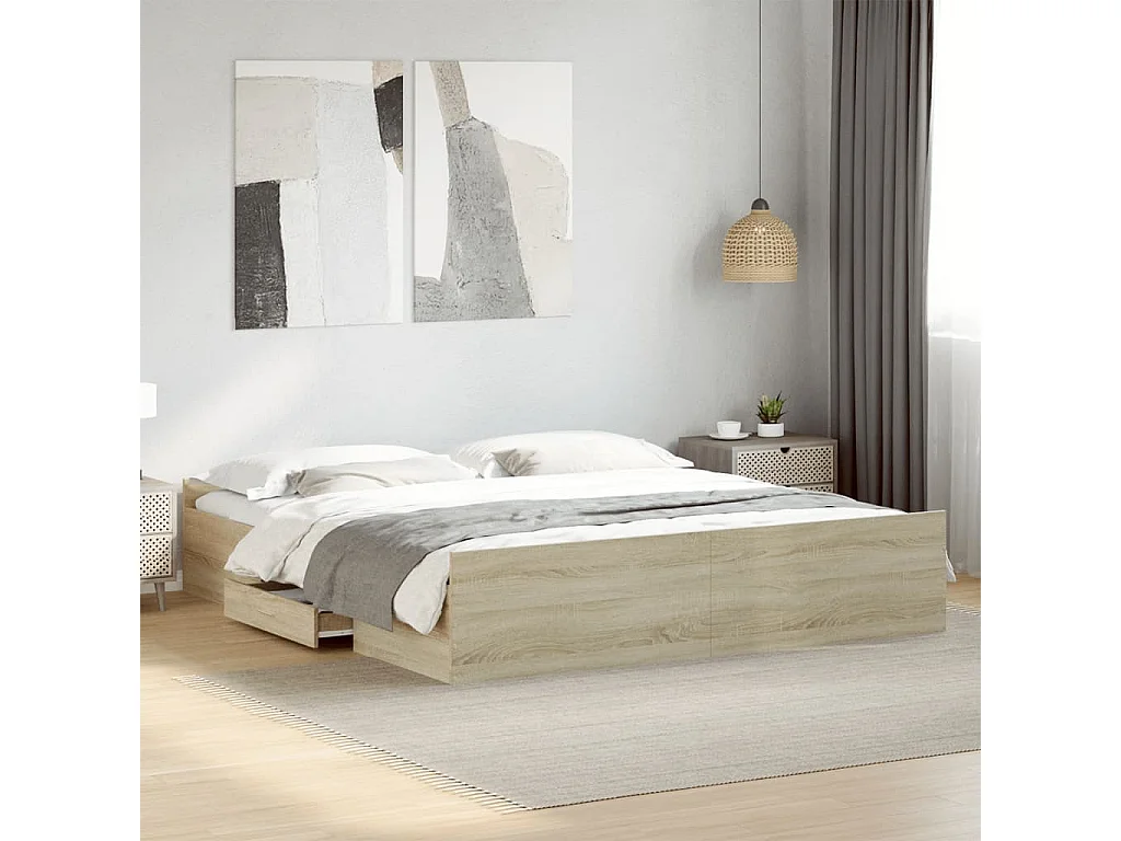 Cadre de lit à tiroirs chêne sonoma 180x200cm bois d'ingénierie