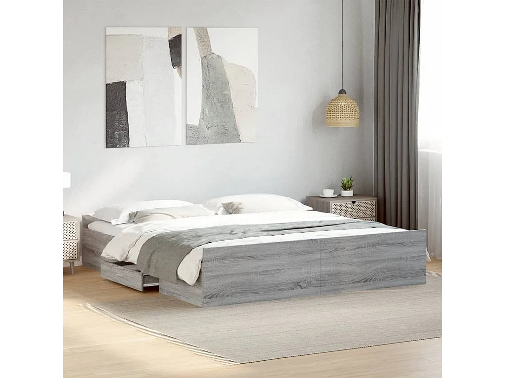 Cama con cajones madera ingeniería gris Sonoma 200x200 cm