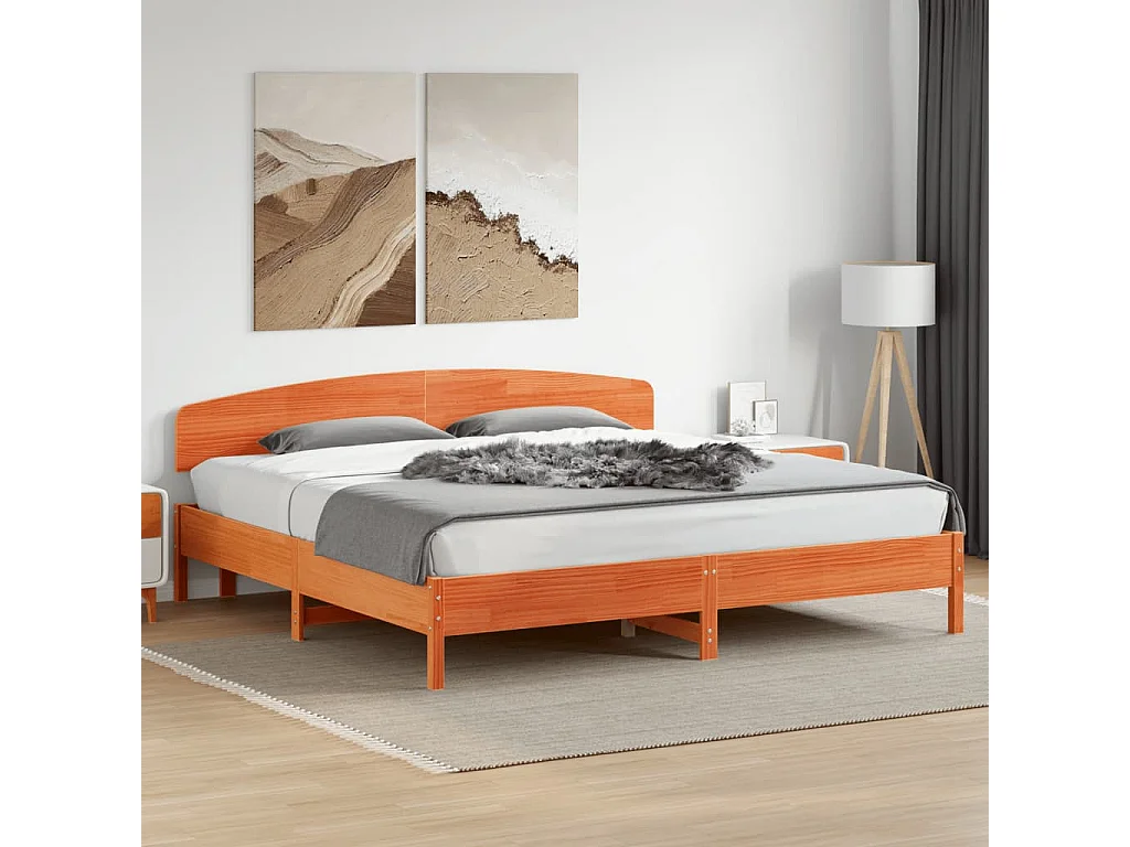 Estructura cama con cabecero madera pino marrón cera 180x200 cm