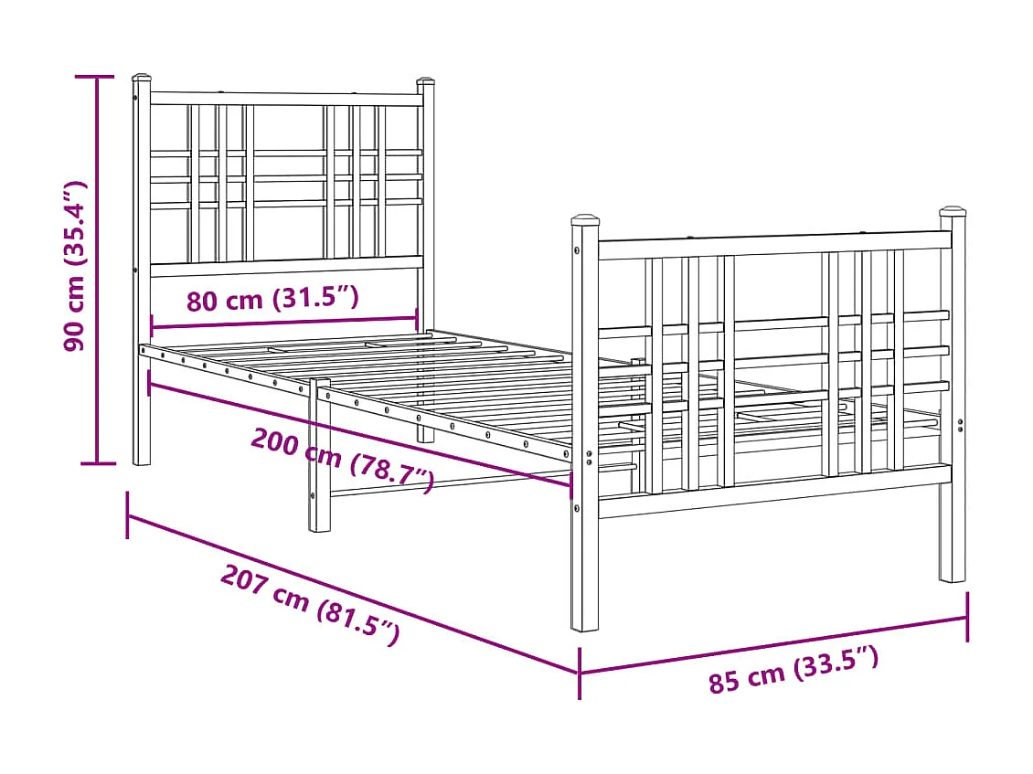 Estructura de cama con cabecero y estribo metal negro 75x190 cm