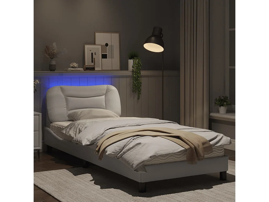 Estructura cama con luces LED cuero sintético blanco 90x200 cm